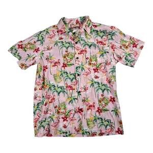 RJC Hawaiian Shirt Men Large Pink Flamingo Palm Tree Button Front Aloha Tropical